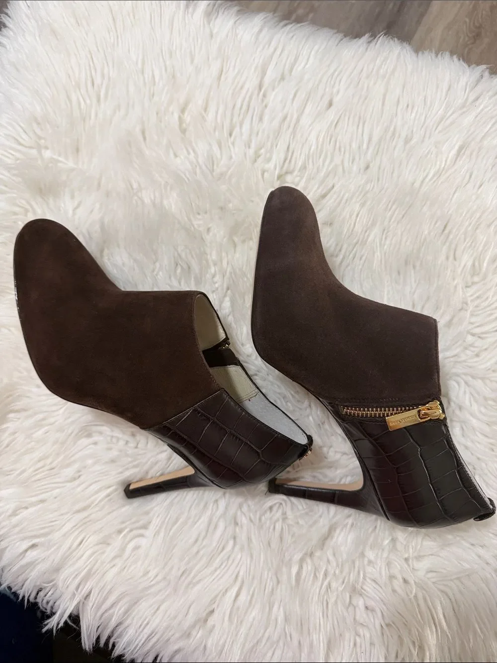Michael Kors Dark Brown Suede & Croc-Embossed Ankle Booties